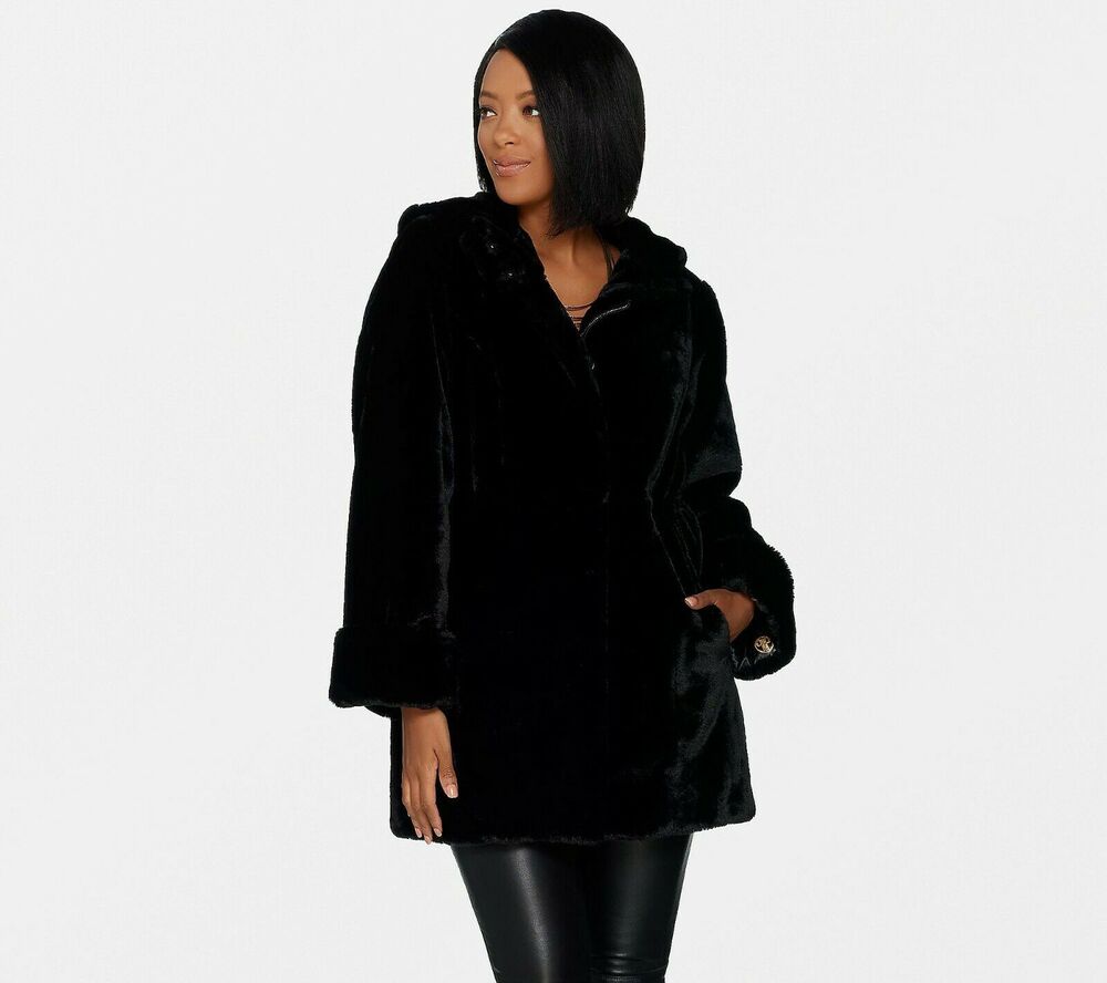 Dennis Basso Zip Front Faux Fur Coat Hood Medium